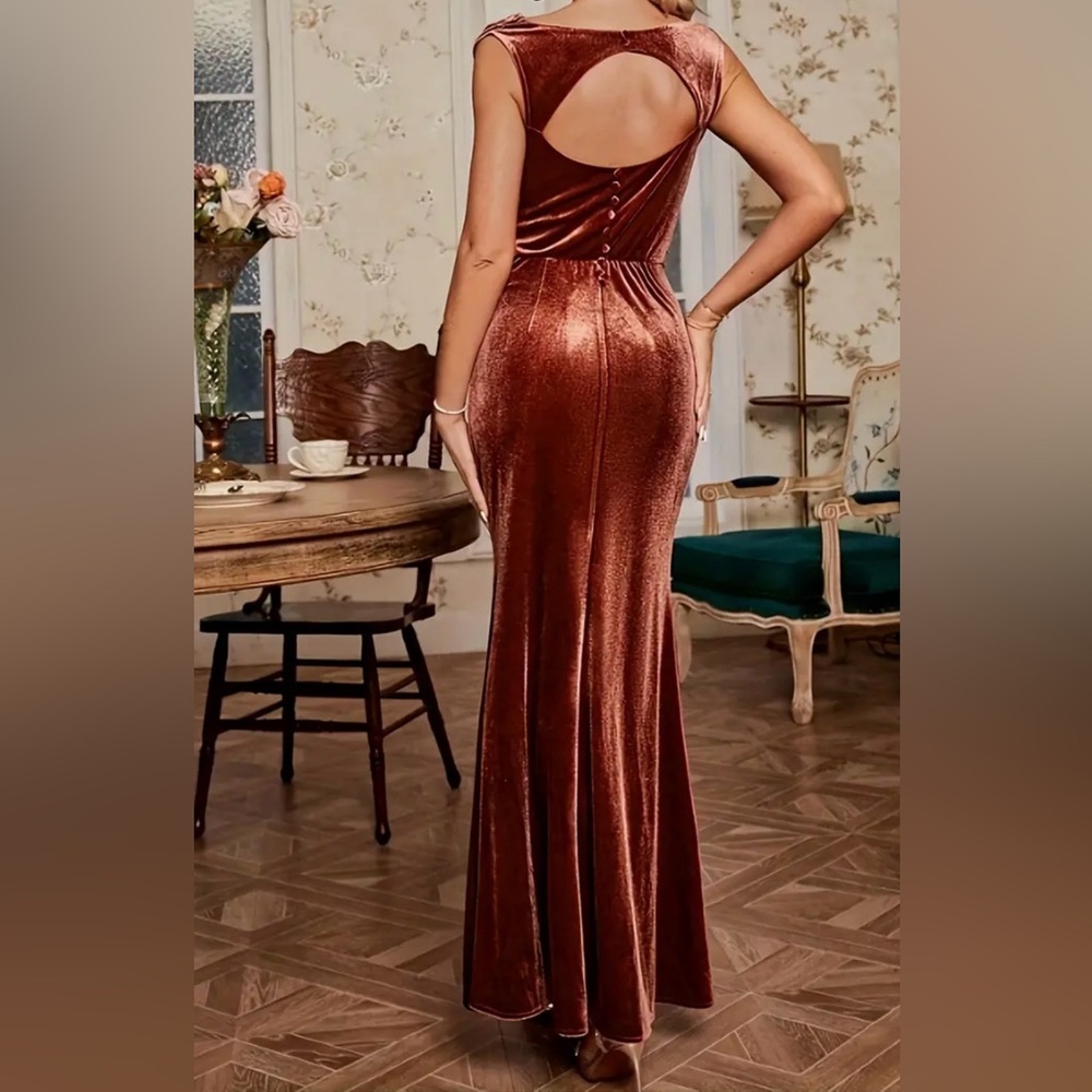 Brownish Red Velvet Cowl Neck Maxi Dress - Picture 5 of 7